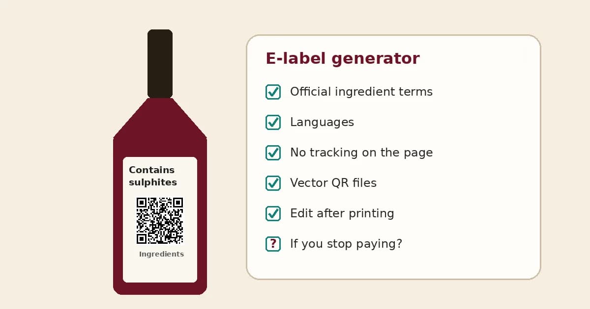 Wine back label with an Ingredients QR code beside a checklist card for choosing an e-label generator