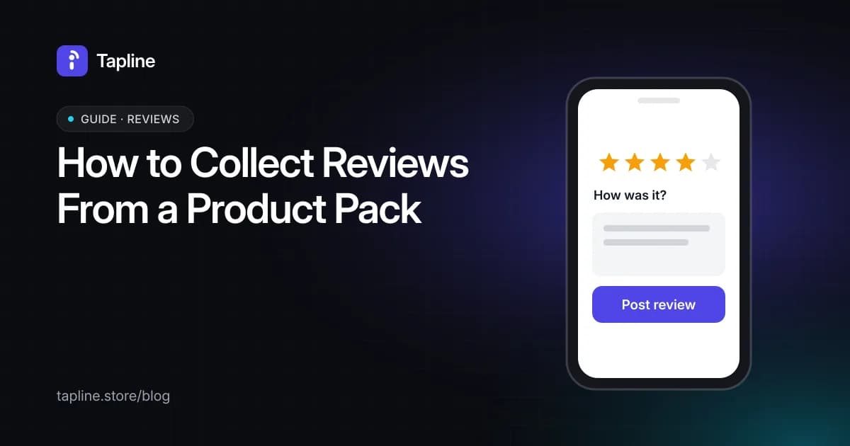 Phone showing a star-rating review form opened by scanning a QR code on a product pack