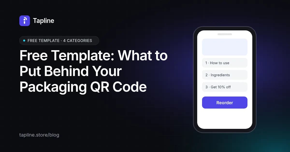 Free template for the page behind a packaging QR code, shown as a phone screen with usage, ingredients, offer and reorder blocks