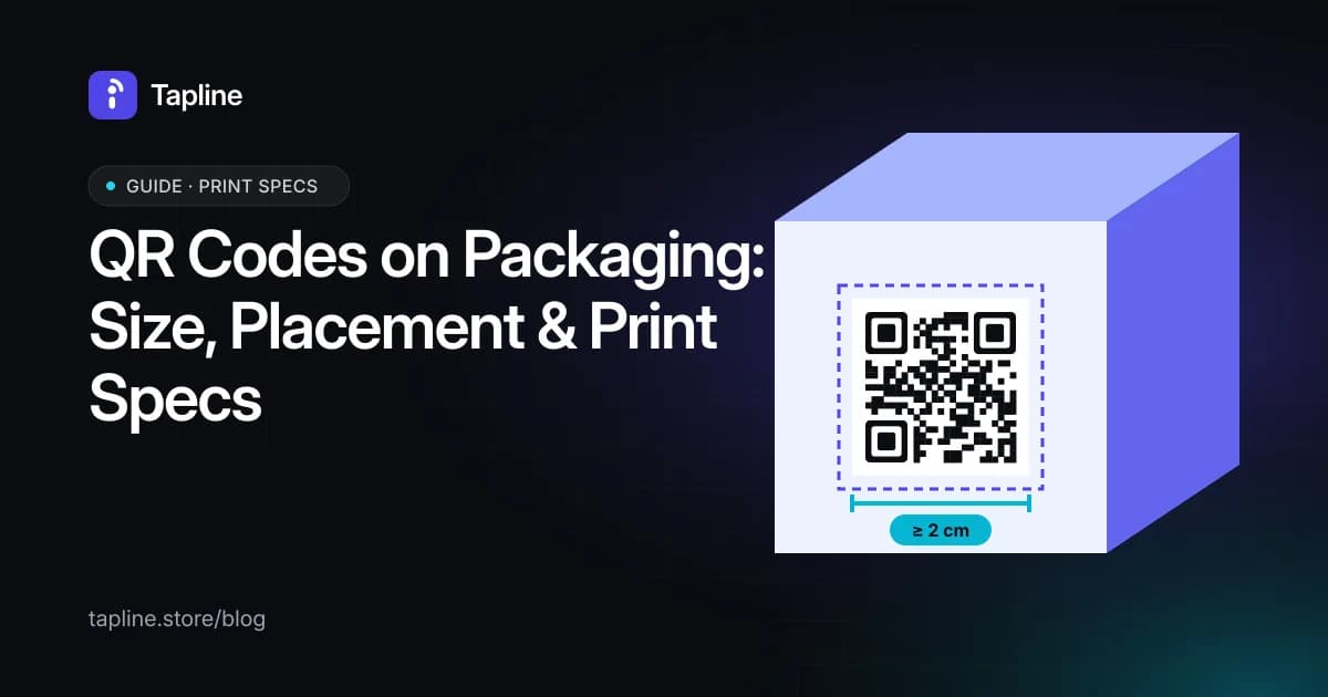 Product box with a QR code showing the minimum 2 cm print size and quiet zone