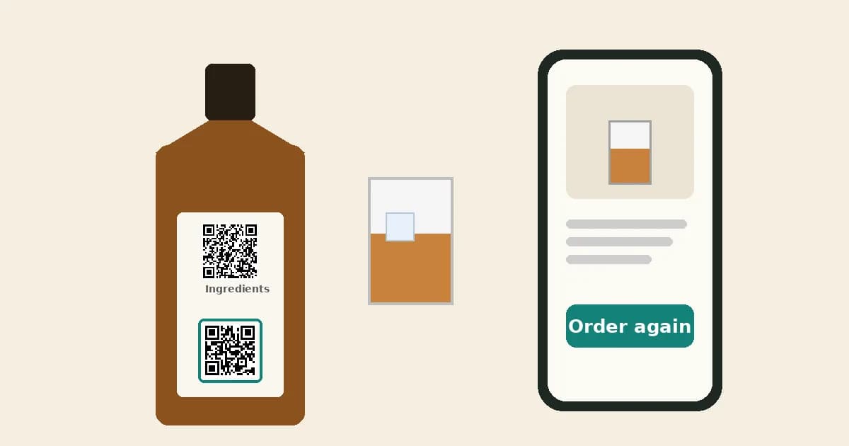 Spirits bottle with a plain Ingredients QR code and a separate marketing QR code, a glass of spirit, and a phone showing an Order again button