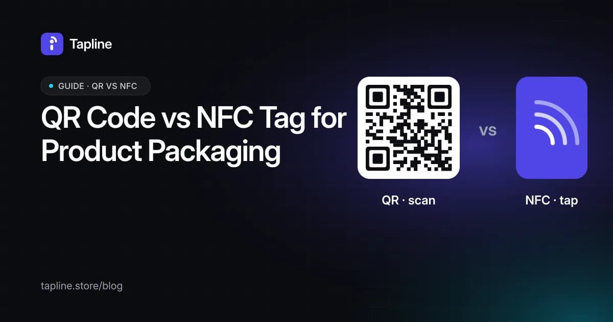 QR code vs NFC tag for product packaging: a printed QR code beside a tap-to-open NFC tag