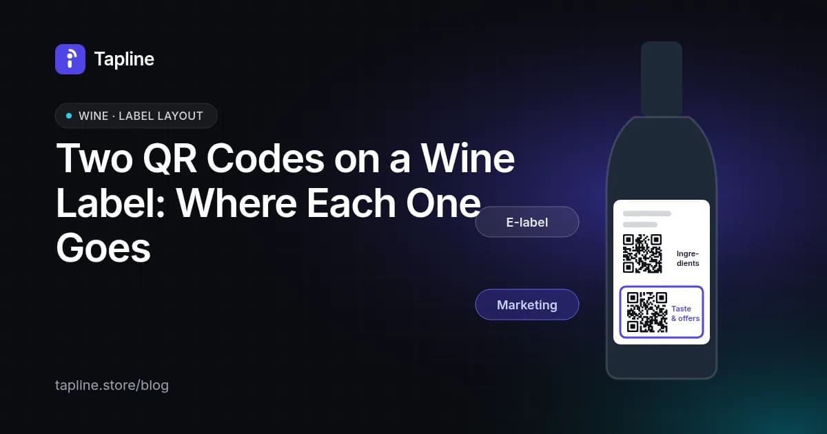 Wine bottle back label with a plain Ingredients QR code and a separate Tapline QR code for tasting notes