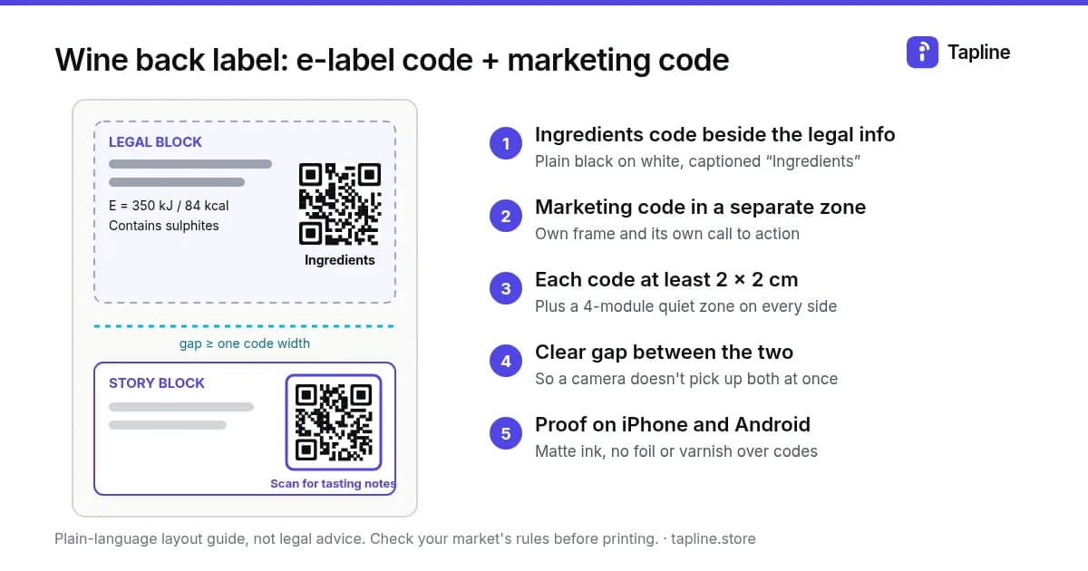 Diagram of a wine back label showing where the Ingredients QR code and the marketing QR code go, with spacing and size notes