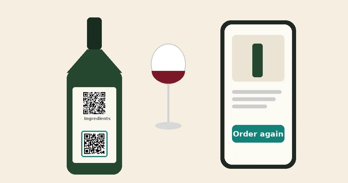 Wine bottle with a plain Ingredients QR code and a separate marketing QR code, beside a phone showing an Order again button