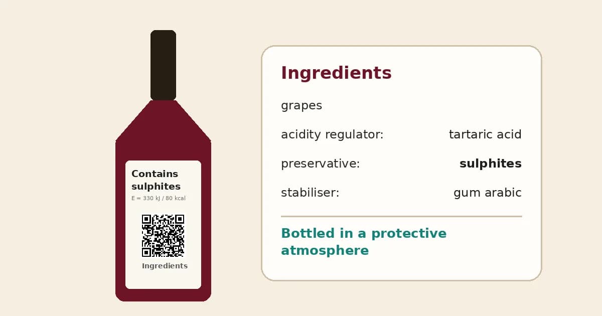 Wine back label with a Contains sulphites line and an Ingredients QR code, next to a card showing an example ingredients list
